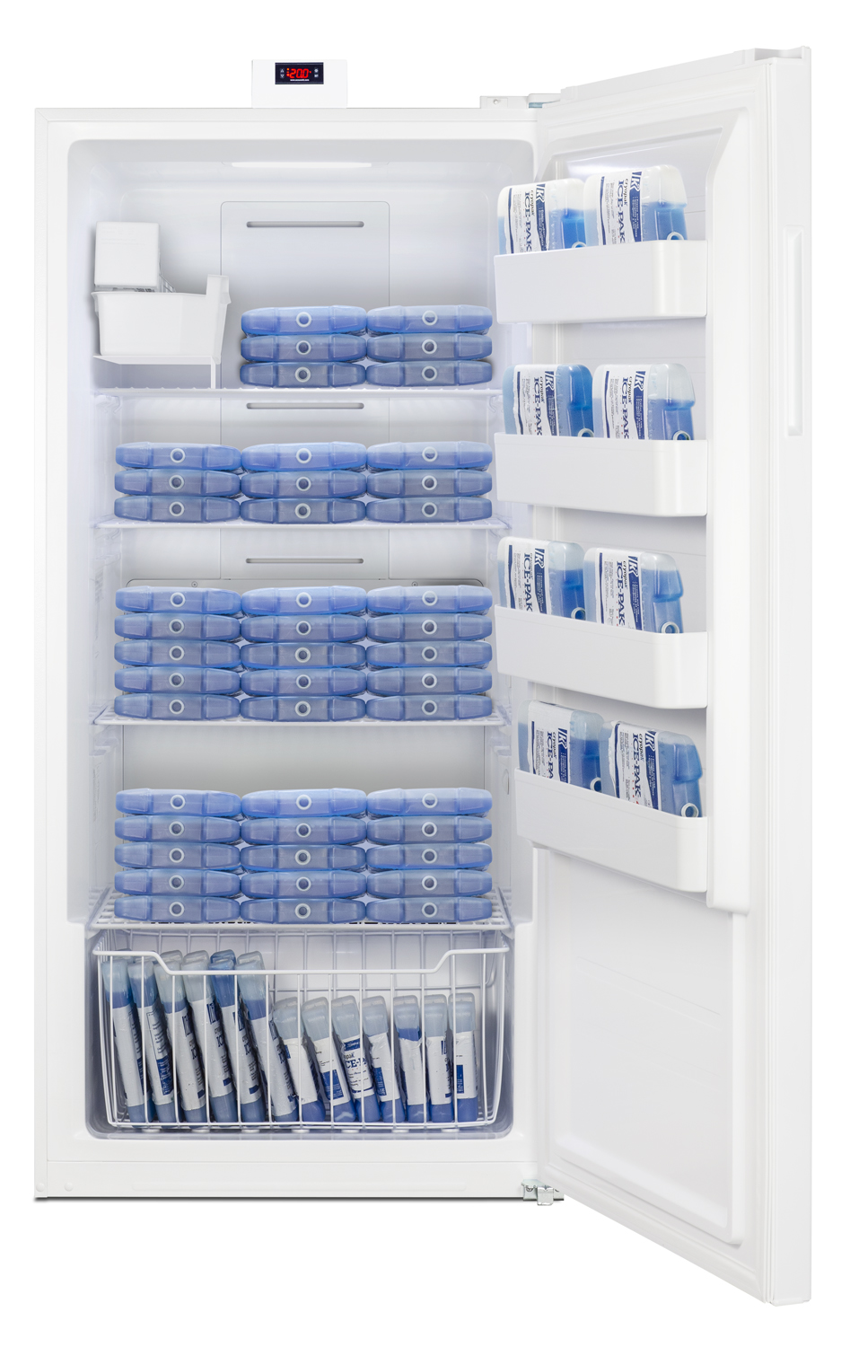 Upright frost-free freezer with factory-installed icemaker for general purpose storage with digital controls and white exterior finish